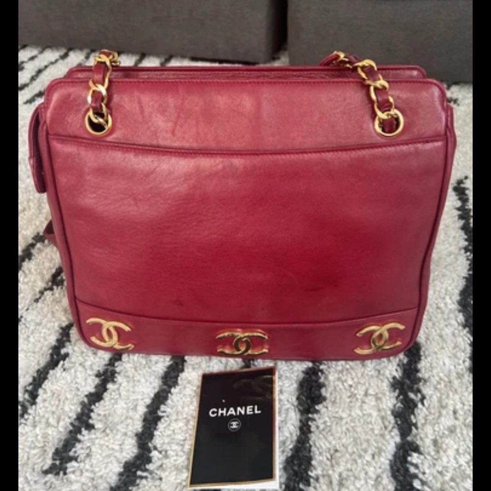 ❤️Vintage 90’s CHANEL Triple Coco Mark Shoulder Tote Bag Deep Dark Red Leather